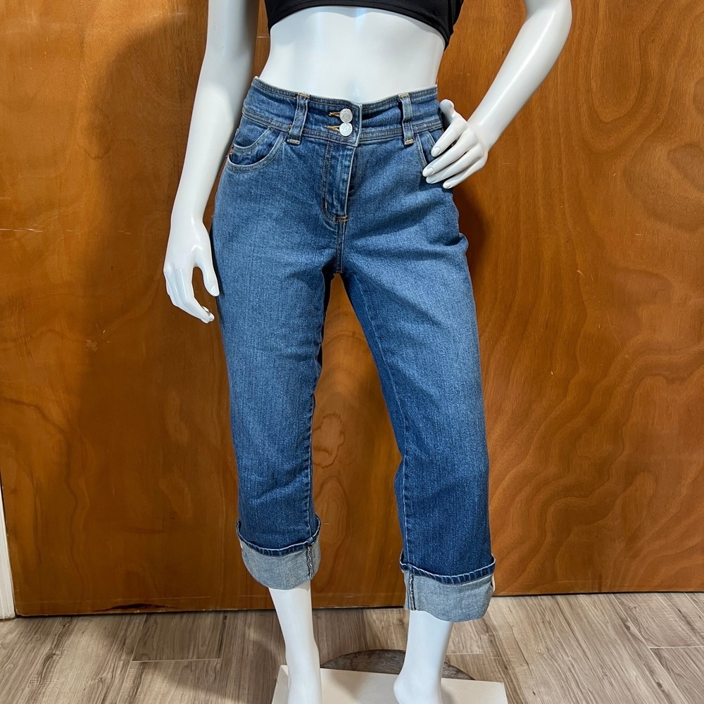 New York & Company Women's Cropped Jeans Size 6 Blue High Rise Cuffed Hem